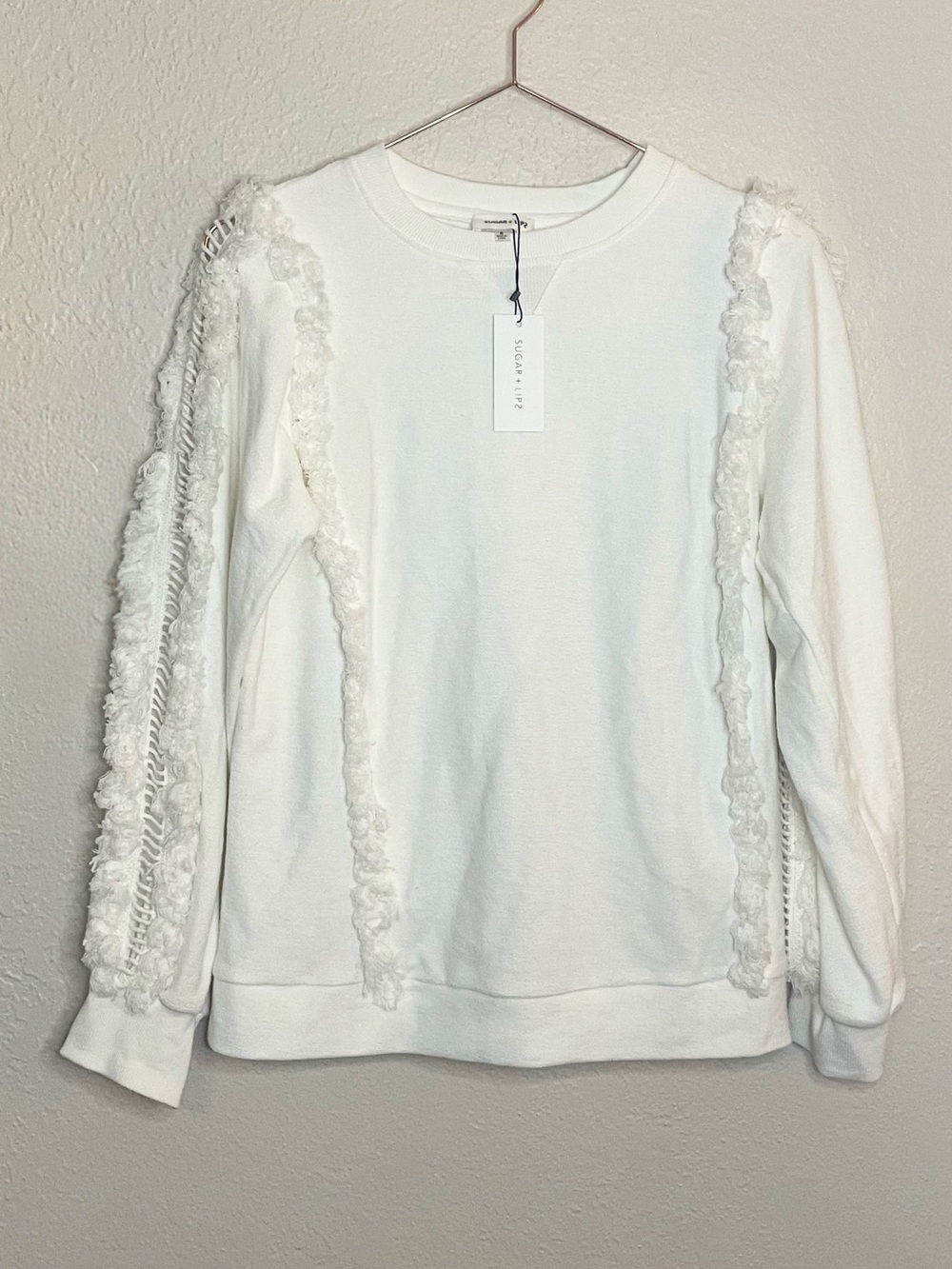 Sugarlips Houston Fringe White Cotton Sweatshirt NWT S - Picture 2 of 12